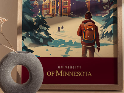 A framed poster shows a person with a backpack walking toward a snow-covered building, with trees and people in the background. The text reads University of Minnesota.