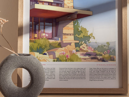 A framed poster of Taliesin West showcasing colorful desert architecture is displayed against a beige wall. A textured gray vase with dried flowers is positioned in the foreground.