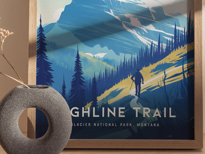 A framed poster features a hiker on the Highline Trail in Glacier National Park, with stylized blue mountains and trees.