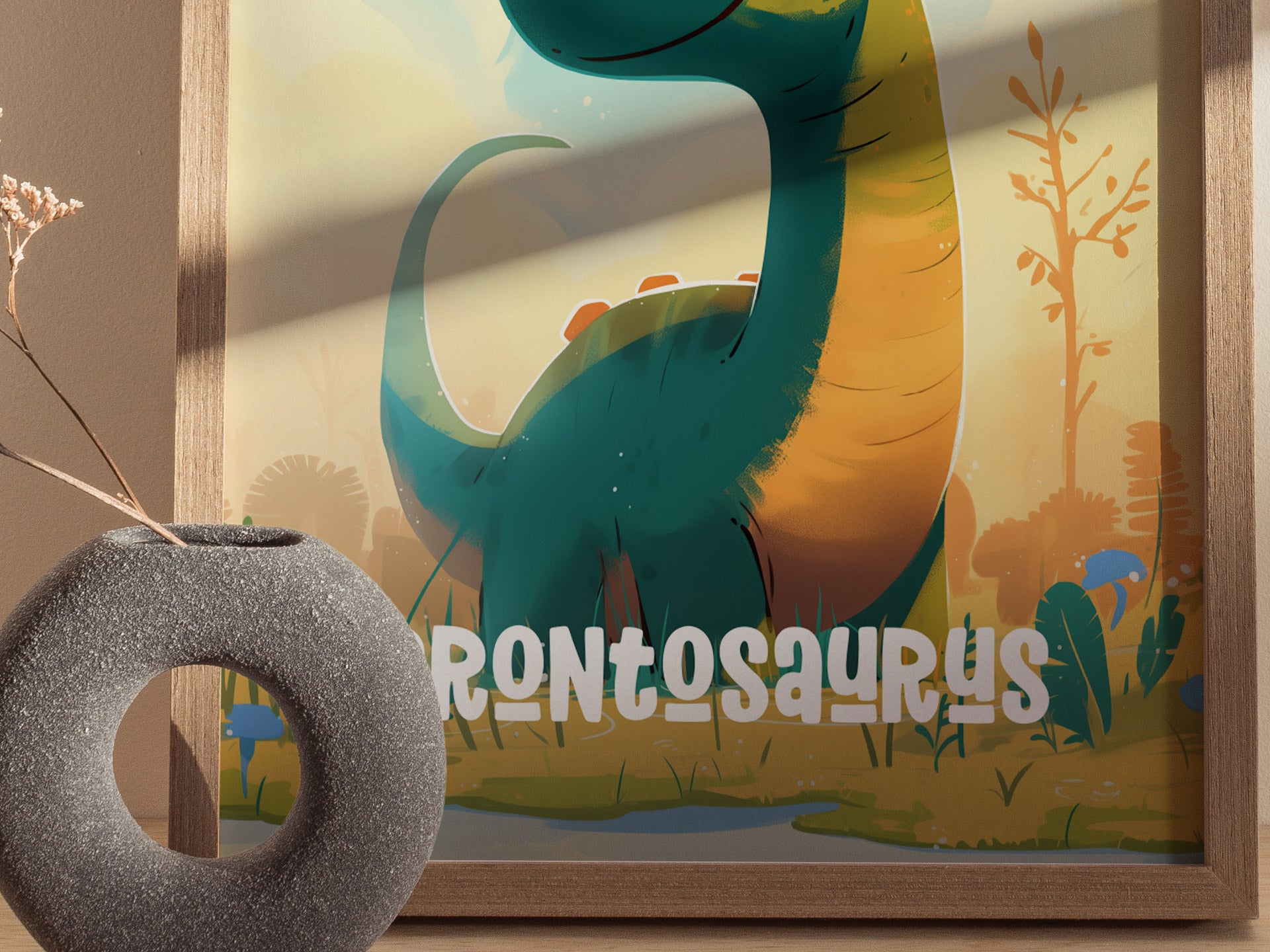 Brontosaurus Cute Dinosaur Poster | Kids Room Nursery Wall Art | Framed or Unframed