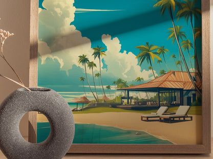 A framed artwork depicts a serene tropical beach scene with palm trees, a thatched-roof building, and lounge chairs by the turquoise water. In the foreground, a textured, circular gray vase holds a single dried flower.