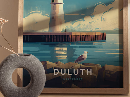 Illustrated poster of Duluth Harbor North Pier Lighthouse with blue sky and clouds, featuring a seagull on rocks. Modern round vase in the foreground adds decor contrast.