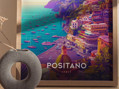 Positano Poster | Amalfi Coast Italy Art | Vintage Travel Print