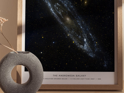 Close up of Andromeda Galaxy poster showing dense star fields, dust lanes, and glowing spiral structure