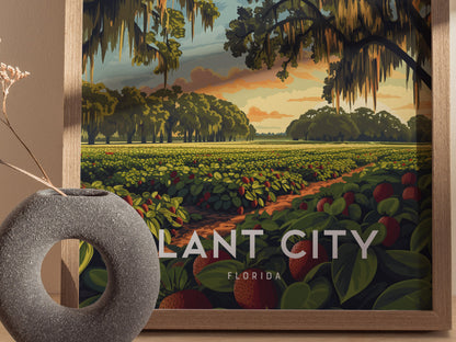 A framed poster displays strawberry fields under a sunrise sky with oak trees and Spanish moss, labeled Plant City Florida. A textured vase sits nearby.