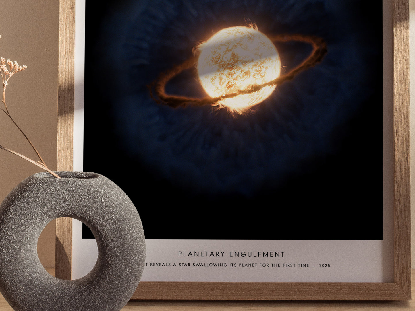 Close up of Planetary Engulfment poster showing star, accretion disk, and expanding dust cloud