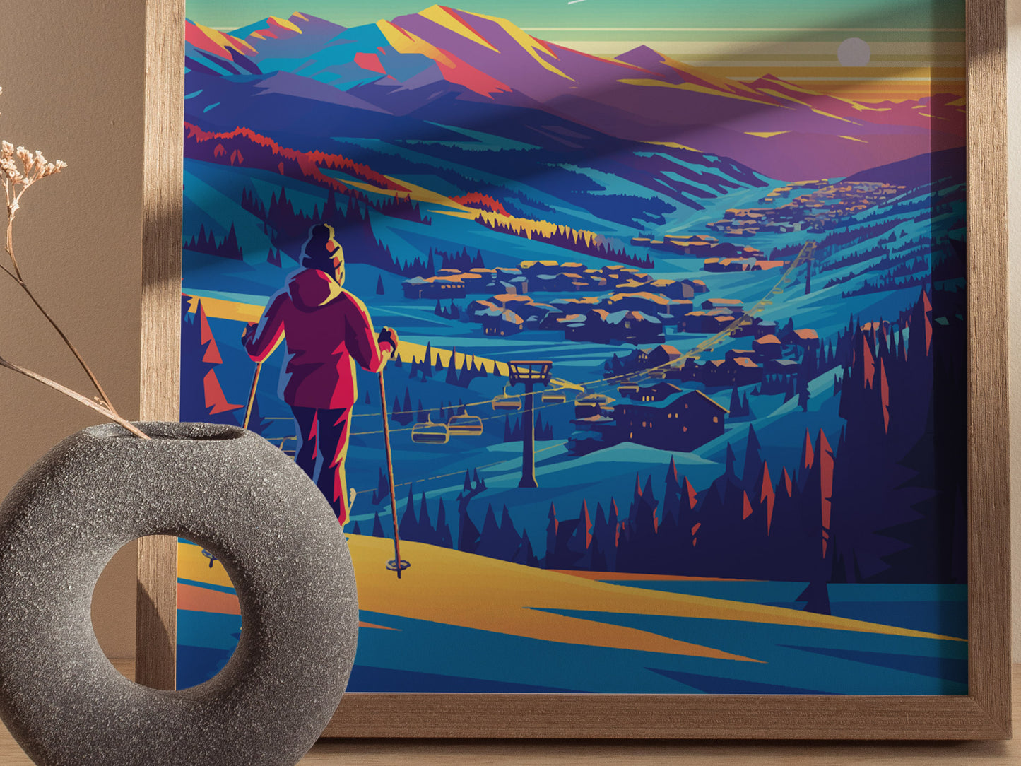 A colorful poster depicts a skier in a red jacket overlooking a vibrant mountain landscape with ski lifts and a village.