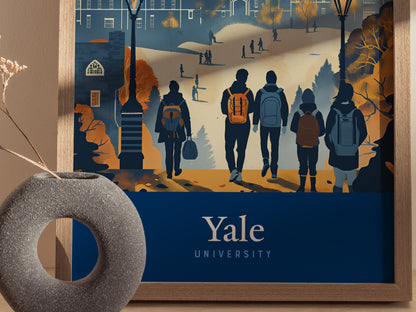 A framed poster featuring silhouettes of five people walking towards a grand building on a campus, with Yale University text below. A decorative vase is visible in the foreground.