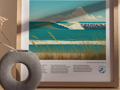 Framed artwork depicting a coastal scene with a jetty stretching into the ocean, surrounded by grass and crashing waves under a cloudy sky.