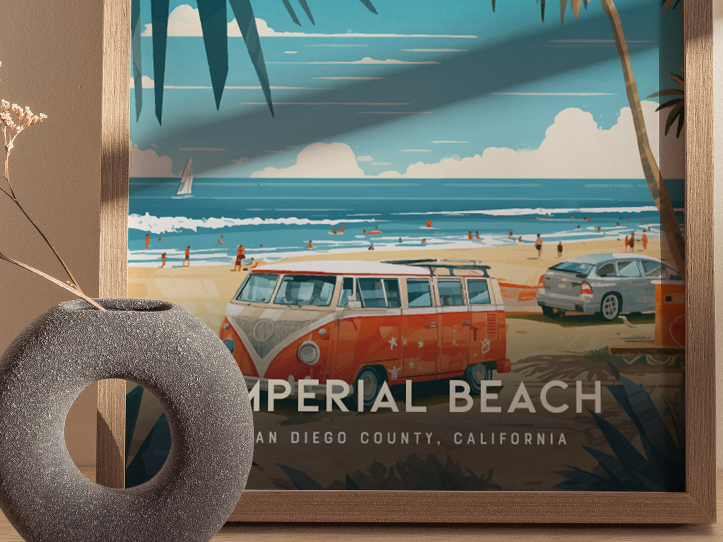 A vibrant poster of Imperial Beach shows a red vintage van and a car parked by a sandy shoreline, with people enjoying the beach and a sailboat in the ocean.