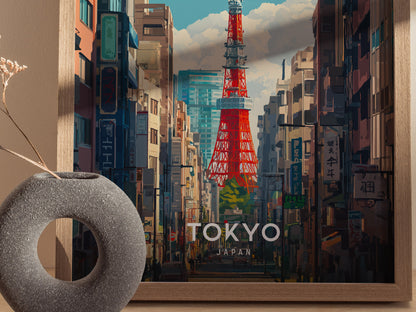 A framed poster depicts Tokyo Tower rising above a bustling city street, surrounded by tall buildings under a cloudy sky. A round, textured vase with dried flowers sits nearby.