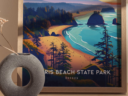 A framed poster of Harris Beach State Park featuring vibrant illustrations of coastal cliffs, sea stacks, and evergreen trees, with a decorative circular vase in the foreground.