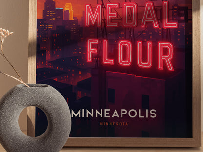 Minneapolis Poster | Gold Medal Flour Sign Night Skyline Art