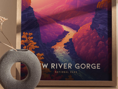 A framed poster of New River Gorge National Park shows a vibrant, stylized landscape with a winding river, colorful canyon walls, and autumnal foliage.