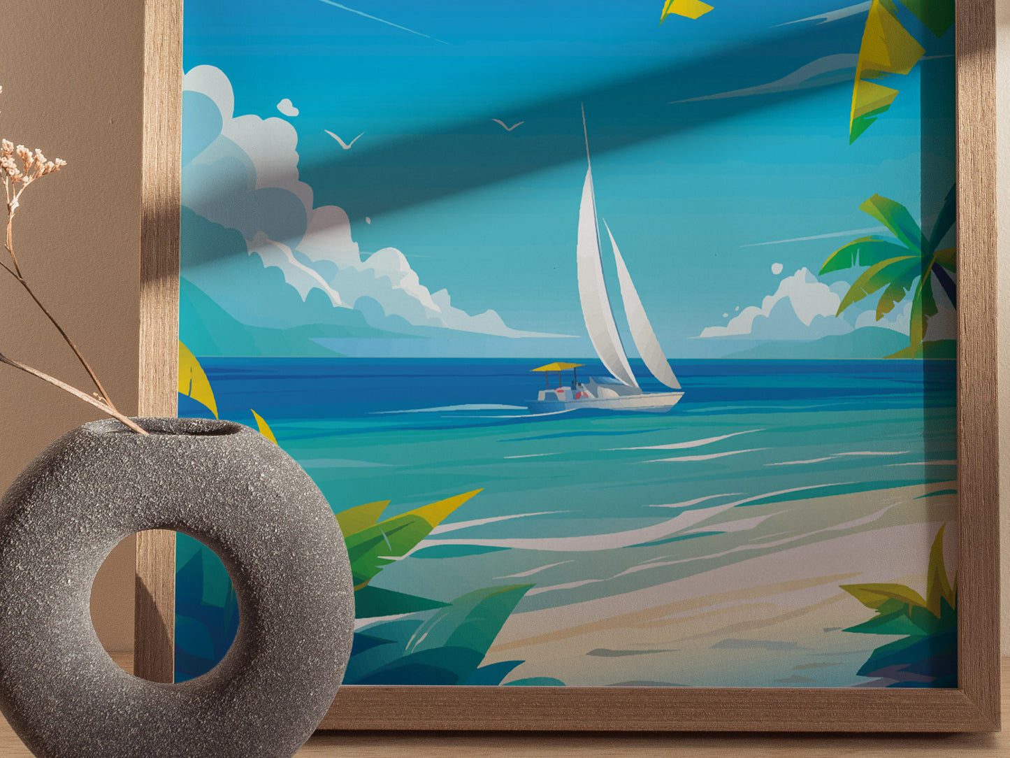 A framed poster depicts a sailboat on turquoise waters with palm trees, clouds, and birds. A round gray vase with dried flowers is partially visible in the foreground.