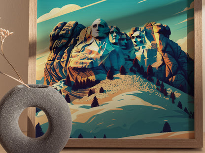 A colorful Mount Rushmore poster framed on a wall, featuring the iconic granite carvings with a modern artistic style. A round stone vase with dried foliage sits nearby.
