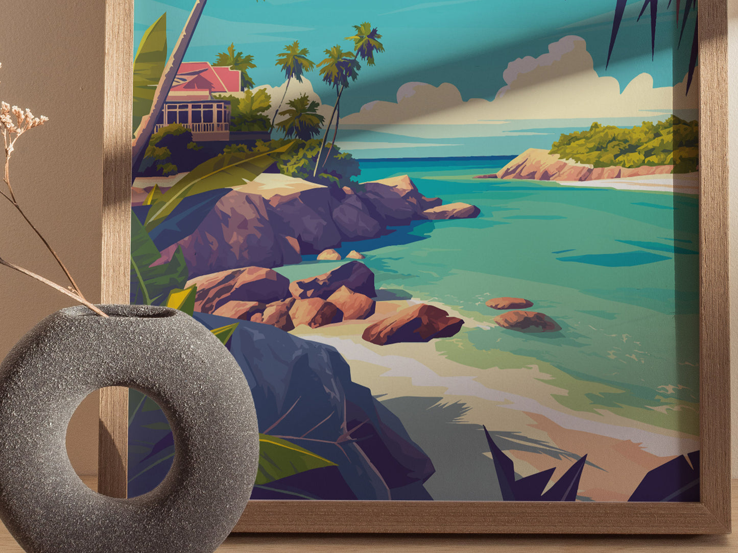 A colorful illustration depicts a tropical beach scene with turquoise waters, rocky coastline, and lush palm trees. A round, textured vase with dried flowers is in the foreground.