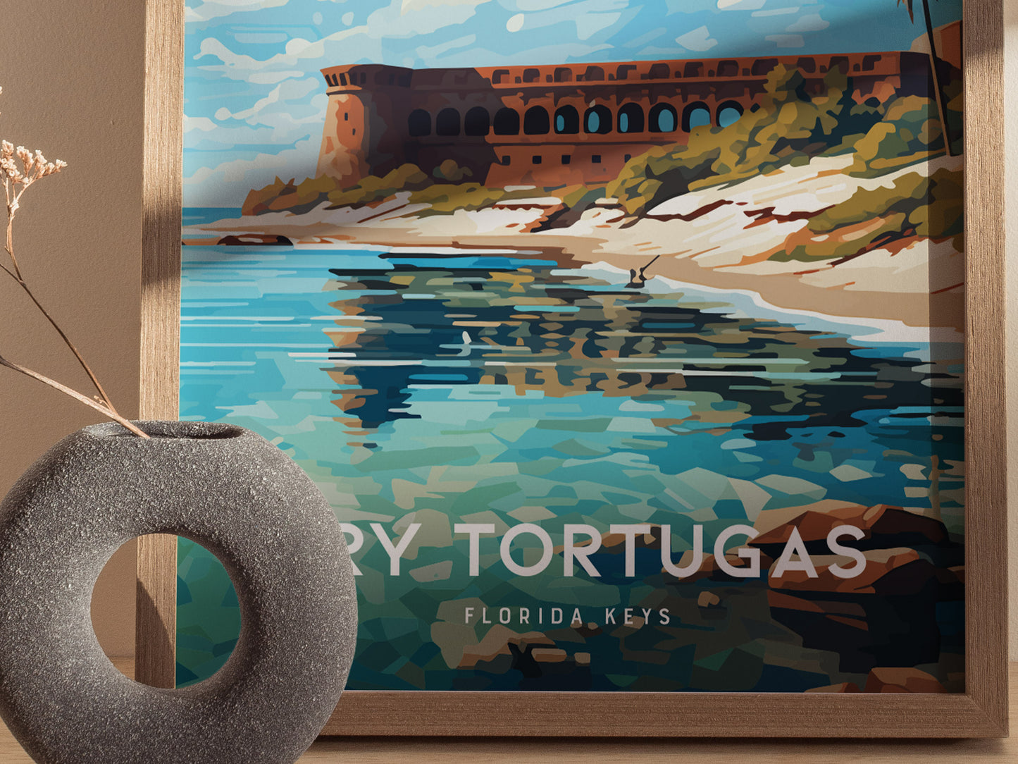A framed poster of Dry Tortugas National Park features a vibrant illustration of Fort Jefferson against turquoise waters, with text reading Dry Tortugas, Florida Keys.
