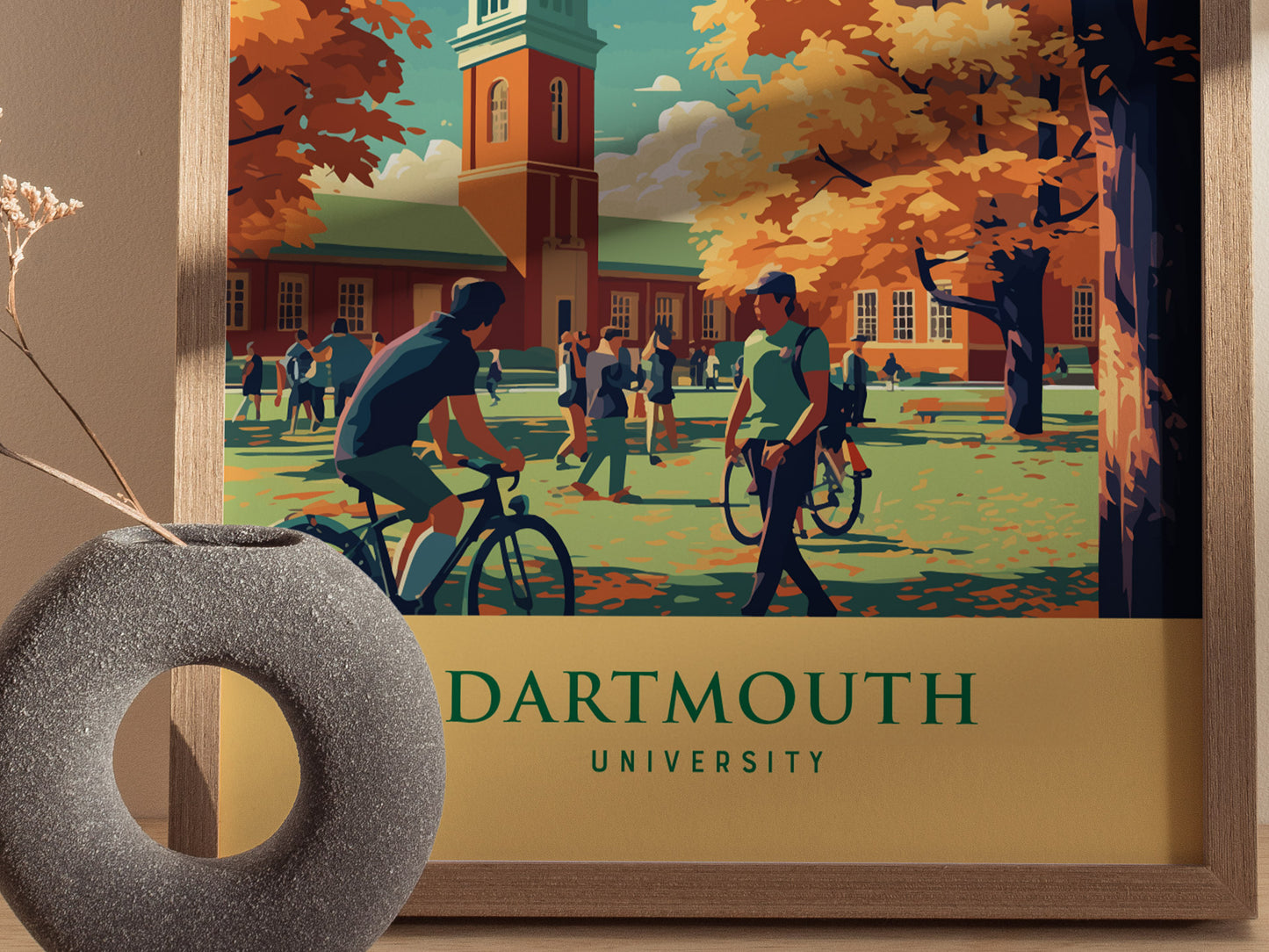 Illustration of Dartmouth Universitys campus with students walking and cycling under vibrant autumn trees, featuring a historic building in the background. A decorative vase is in the foreground.