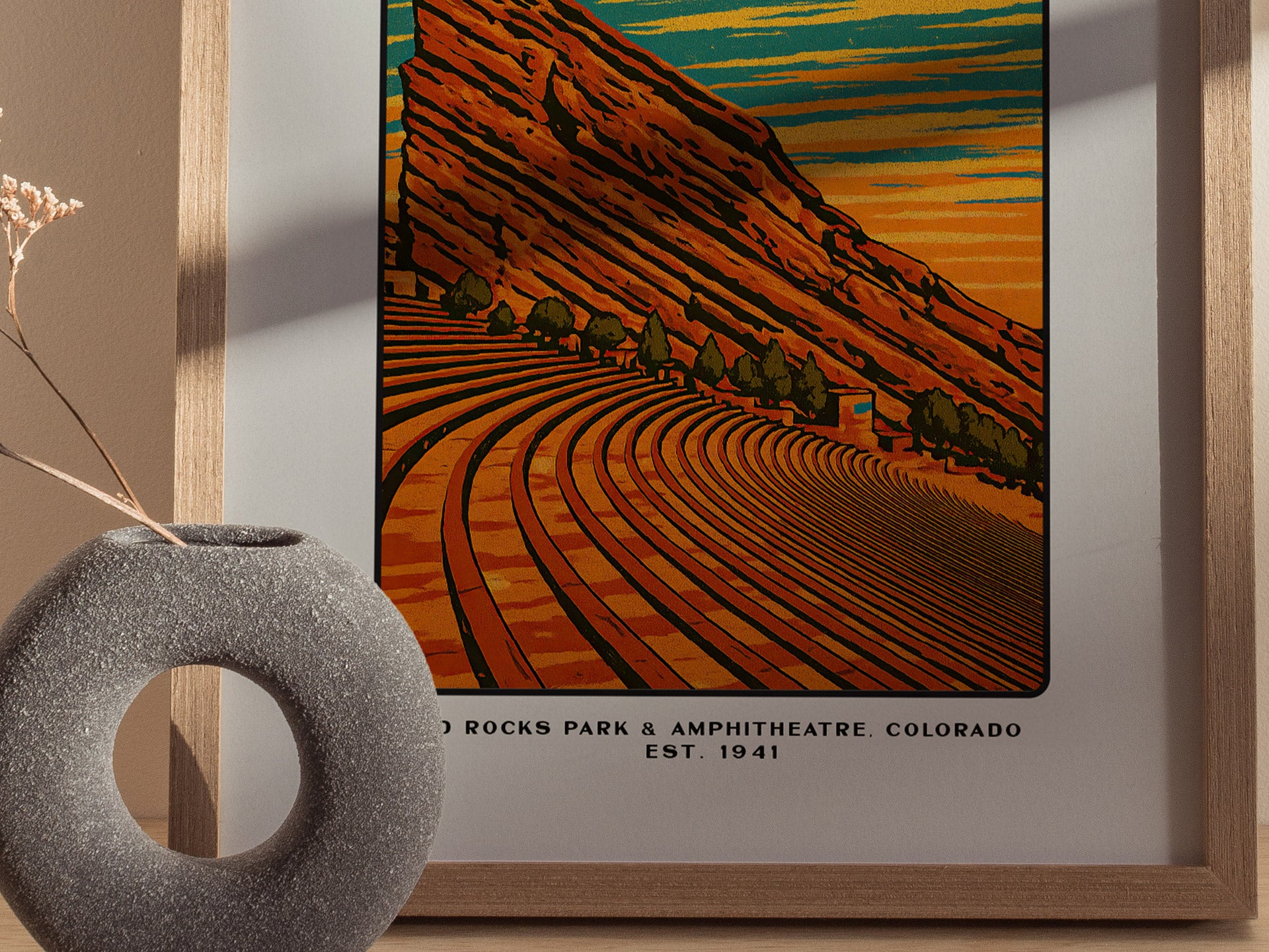 Red Rocks Amphitheatre Poster | Vintage Colorado Block Print Art