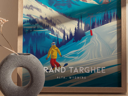 A framed poster depicts a snowboarder in a yellow jacket on snowy slopes with a background of mountains and pine trees. A textured vase with dried flowers sits nearby.