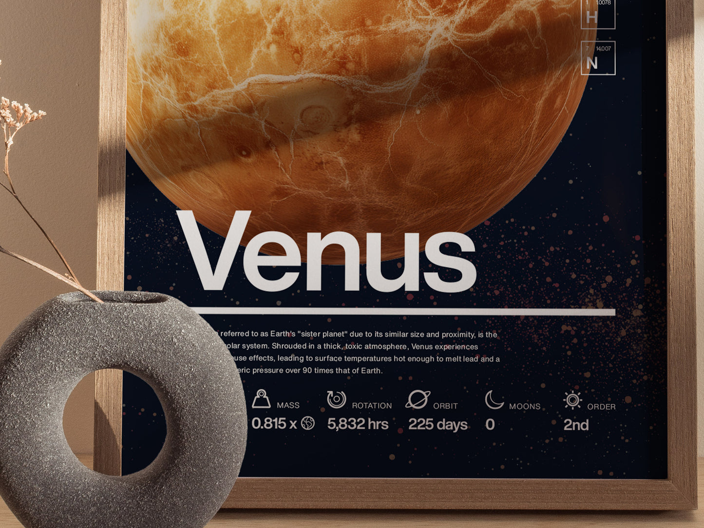 A framed Venus planet poster with scientific details in white text and icons, featuring a prominent image of Venus. A round, textured vase with dried flowers is in the foreground.