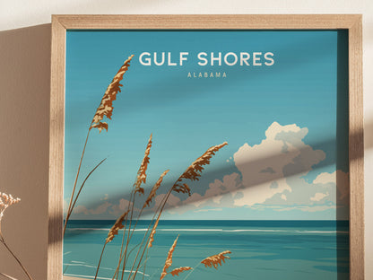 Framed artwork of Gulf Shores, Alabama, showcasing a serene beach scene with turquoise waters, golden sea oats, and soft clouds under a clear blue sky.