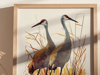 A framed poster depicts two sandhill cranes standing among tall grasses, rendered in soft browns and grays with a minimalist style. Shadows cast on the wall add depth.