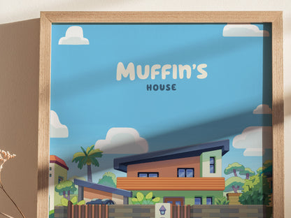 Bluey Muffin's House Poster | Kids Room Decor Wall Art | Framed or Unframed