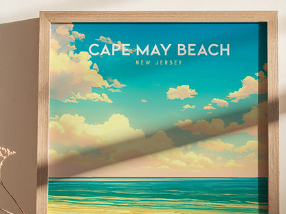 Cape May Beach, New Jersey Poster | Victorian Shore & Sunset Coastal Beach Decor — styled in a modern interior