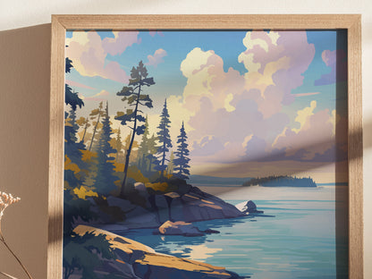 Framed artwork depicting a scenic view of rocky shorelines with tall pine trees, a calm lake, and a sky filled with colorful clouds. Soft light enhances the tranquil atmosphere.