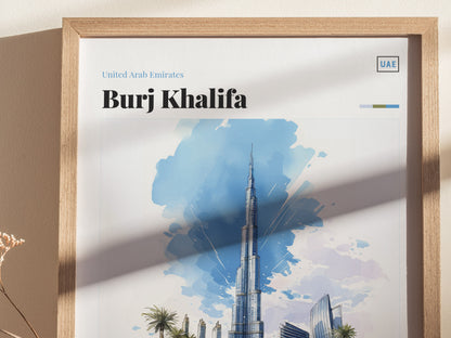 Framed poster featuring a watercolor illustration of the Burj Khalifa with a blue sky background. Text reads United Arab Emirates, Burj Khalifa. Shadows and dried flowers are visible.