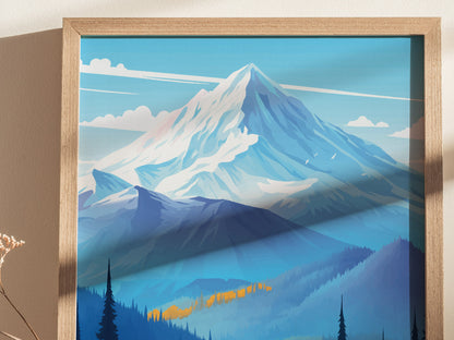 A framed illustration of a snow-capped mountain with soft blue tones, surrounded by forested hills under a clear sky, is displayed on a white wall.