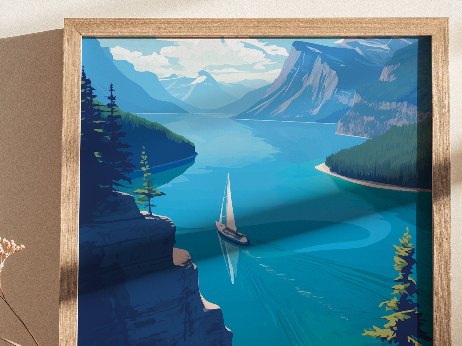 A framed poster depicts a serene fjord landscape with a sailboat on blue waters, surrounded by towering cliffs and lush green forests under a partly cloudy sky.