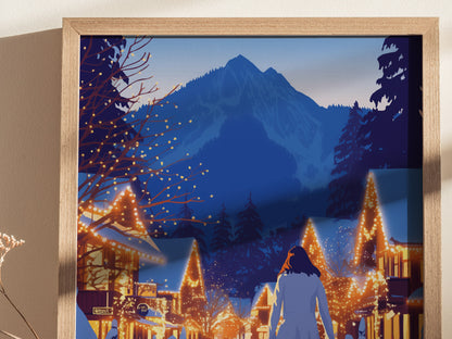 A framed poster depicts a winter village scene with illuminated buildings and a mountainous backdrop. A person walks through the festive, snow-covered street under a twilight sky.