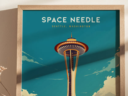 A framed poster depicting the Space Needle against a teal sky, with Space Needle Seattle, Washington text above. The artwork features a vintage travel style.