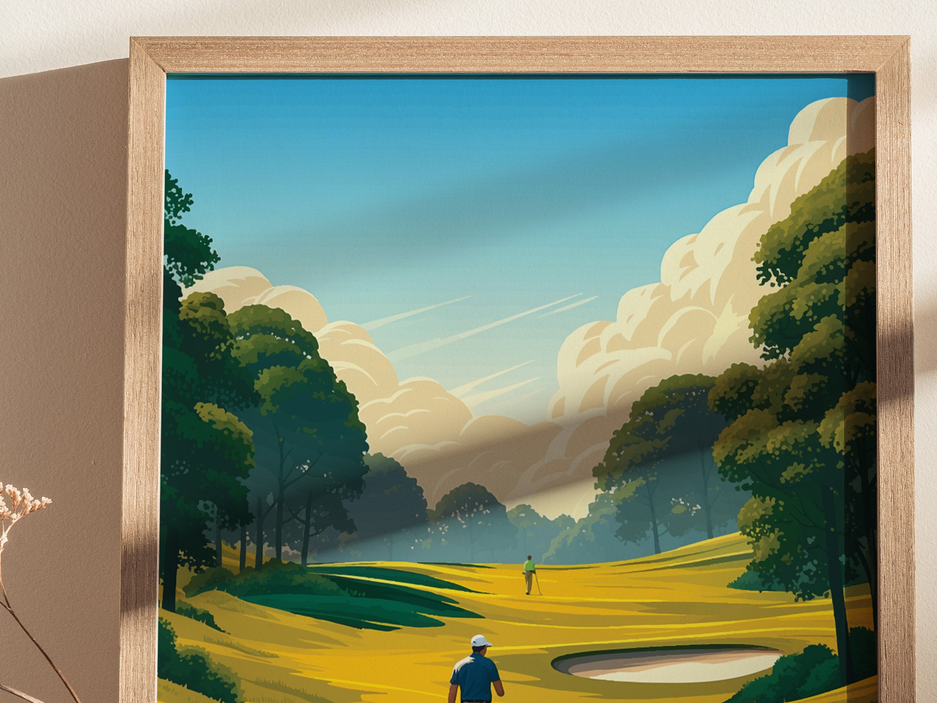 Framed illustration of a golf course featuring rolling yellow fairways, lush green trees, and a blue sky with clouds. Two golfers are visible on the course.