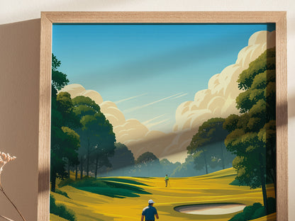 Framed illustration of a golf course featuring rolling yellow fairways, lush green trees, and a blue sky with clouds. Two golfers are visible on the course.