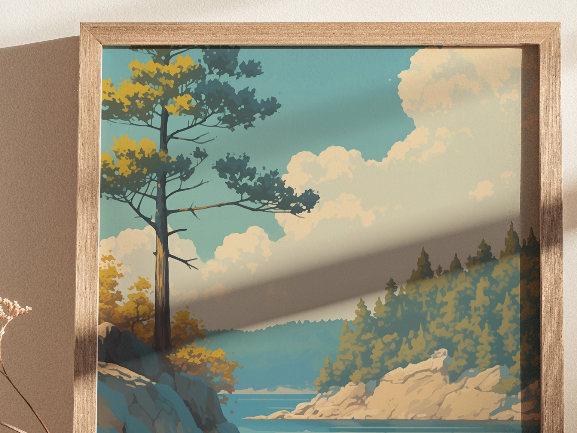 Illustration of a serene landscape featuring a tall tree, rocky cliffs, and distant pine trees under a blue sky with fluffy clouds. The artwork is framed in light wood.