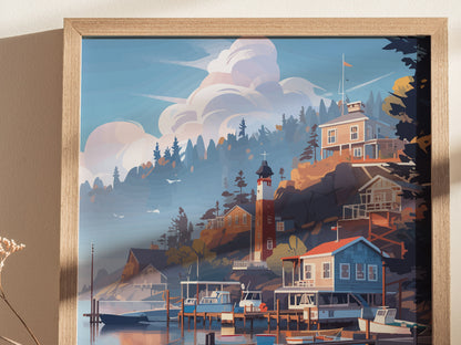 Framed artwork depicting a coastal scene with boats docked at a harbor, surrounded by colorful houses and a lighthouse on a hillside under a partly cloudy sky.