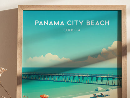 A framed poster of Panama City Beach, Florida, featuring a long pier extending over turquoise water with a sandy beach and umbrellas below, set against a blue sky with clouds.