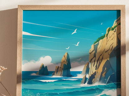 A framed art print depicts the dramatic rock formations and turquoise waters of Cabo San Lucas, with seagulls flying above. The vibrant scene captures the essence of coastal beauty.