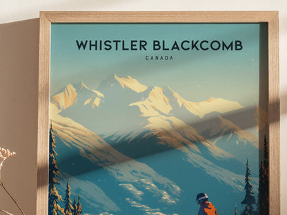 A framed poster of Whistler Blackcomb displays snow-covered mountains under a blue sky, with an illustration of a skier in the foreground. It captures the winter scenery beautifully.