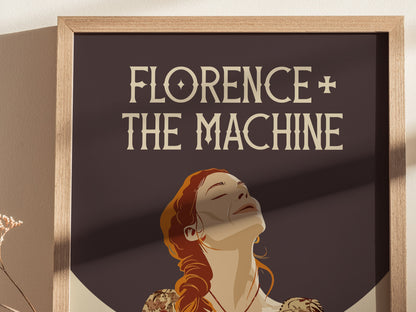 A framed poster featuring an illustrated profile of a woman with red hair against a dark background, titled Florence + The Machine. The artwork has a minimalist, expressive style.
