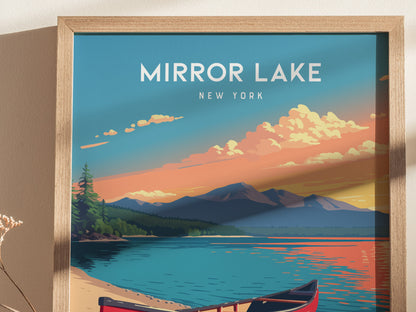 A colorful illustration of Mirror Lake, New York, featuring a serene landscape with a calm blue lake reflecting the sky, mountains, and trees. In the foreground, a red canoe rests on the sandy shore, enhancing the tranquil scene.
