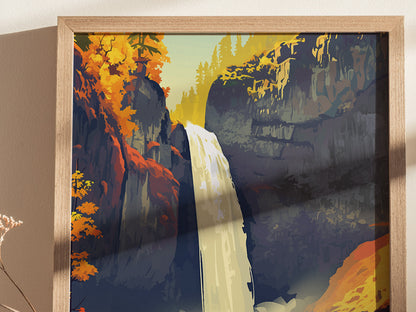 A framed poster depicts a waterfall cascading between rocky cliffs adorned with vibrant autumn foliage in shades of orange and yellow, set in a stylized artistic representation.