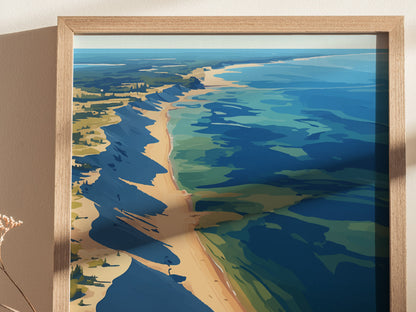 A framed poster depicts an abstract aerial view of a coastline with sandy beaches, blue water, and green land. It casts a shadow on a beige wall.