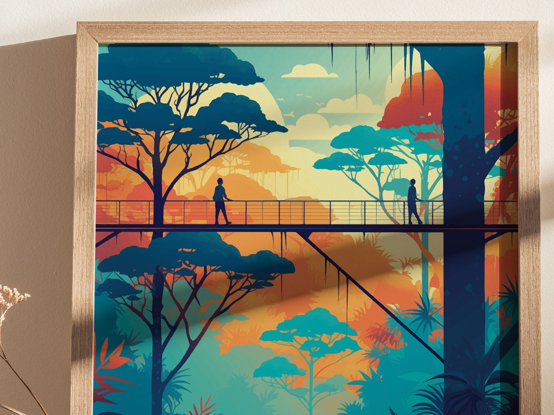 A framed poster depicts a colorful illustration of two silhouetted figures walking on a canopy walkway amid vibrant, stylized trees and a sunset sky, evoking a serene forest atmosphere.