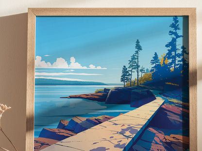 Framed artwork depicting a serene landscape with a path leading through rocky terrain and trees, set against a bright blue sky and calm water.