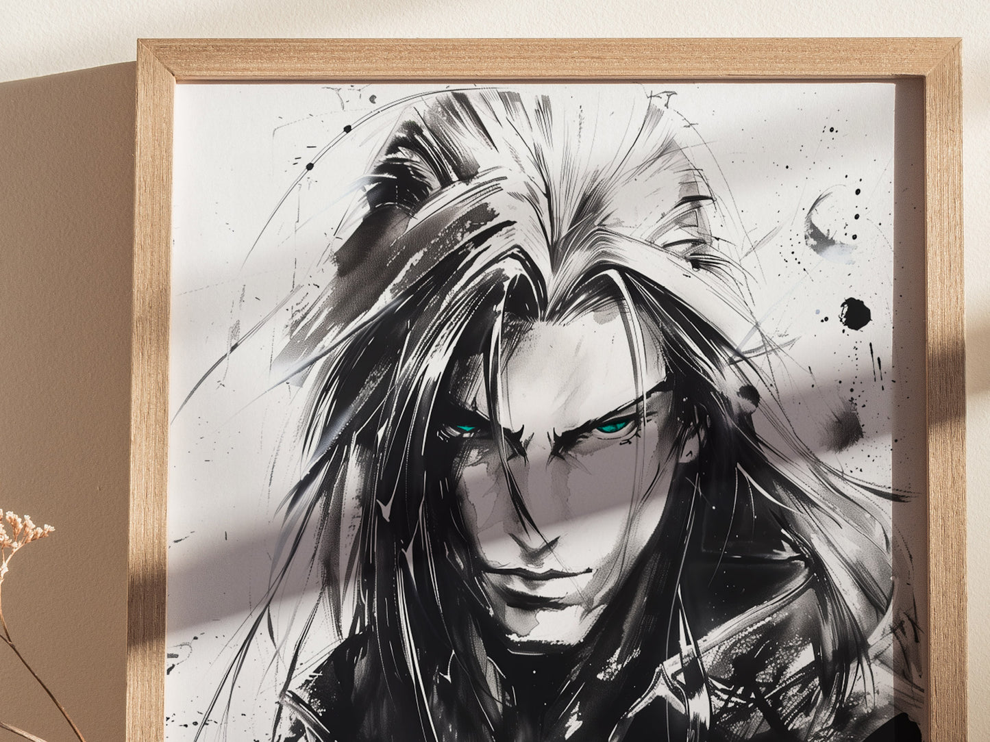 A framed black and white illustration of a character with long hair and piercing eyes, featuring dynamic brush strokes.